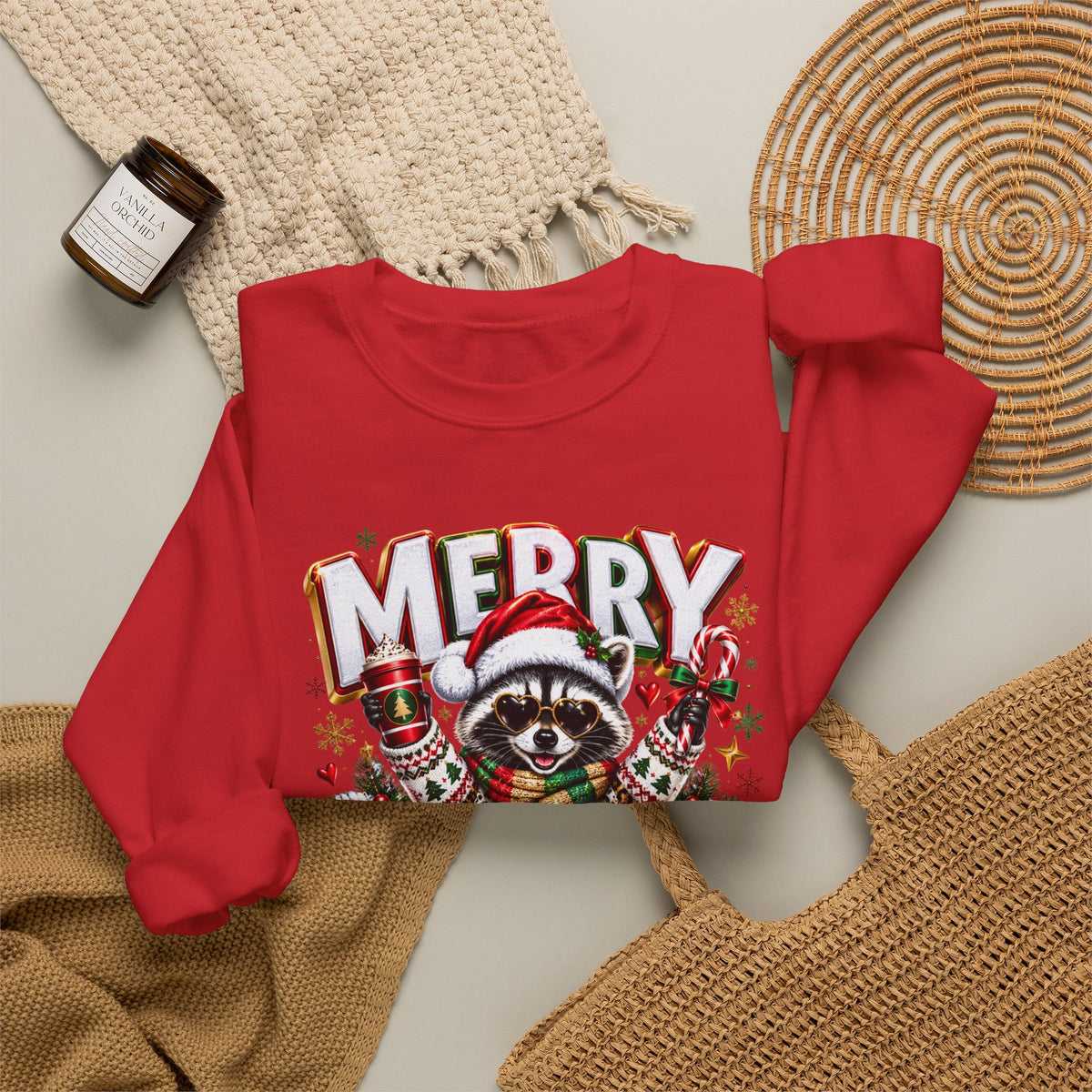 Christmas Raccoon Sweatshirt - "Merry Christmas" Holiday Crewneck