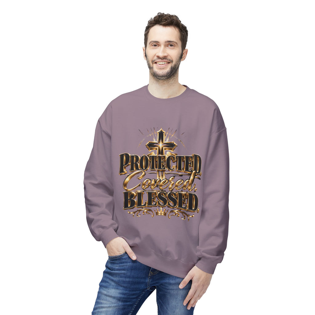 Blessed & Protected Crewneck Sweatshirt — "Protected, Covered, Blessed" Christian Pullover