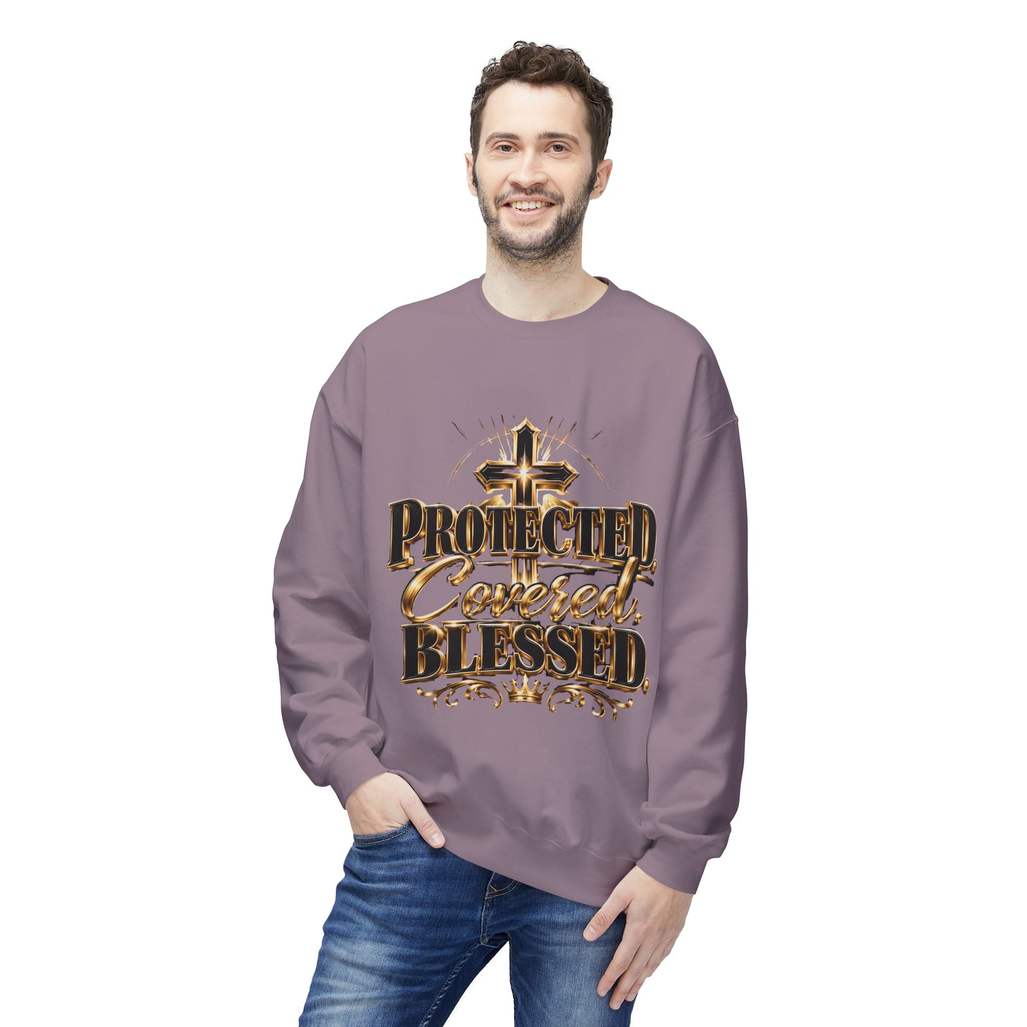 Blessed & Protected Crewneck Sweatshirt — "Protected, Covered, Blessed" Christian Pullover