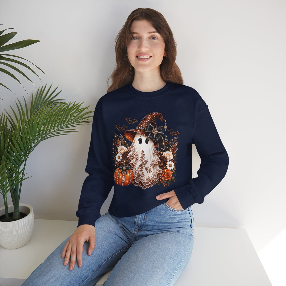 Ghost Witch Sweatshirt — Cute Halloween Pumpkin & Bat Crewneck