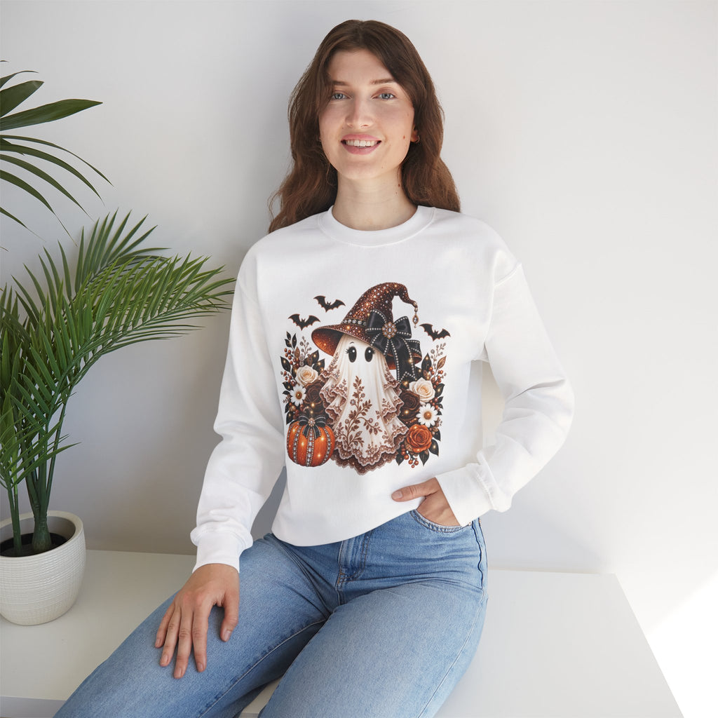 Ghost Witch Sweatshirt — Cute Halloween Pumpkin & Bat Crewneck