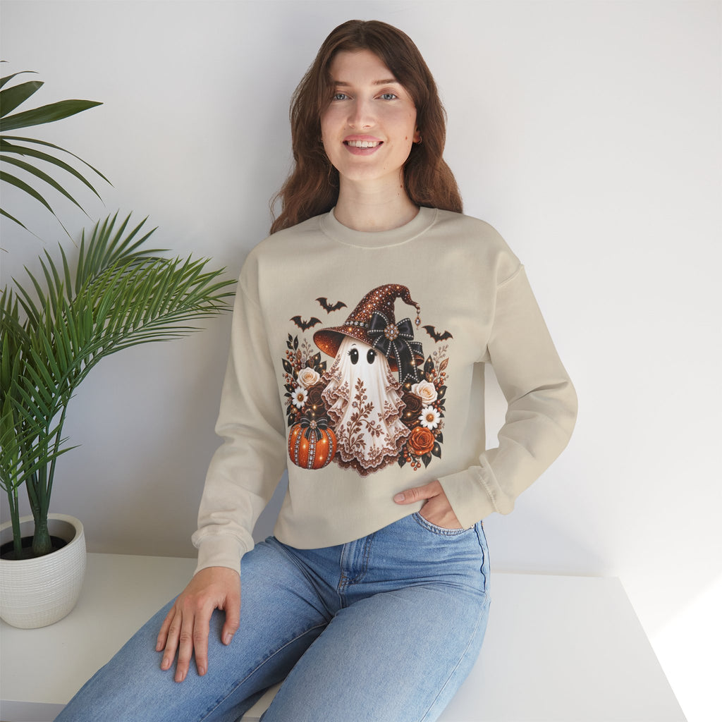 Ghost Witch Sweatshirt — Cute Halloween Pumpkin & Bat Crewneck