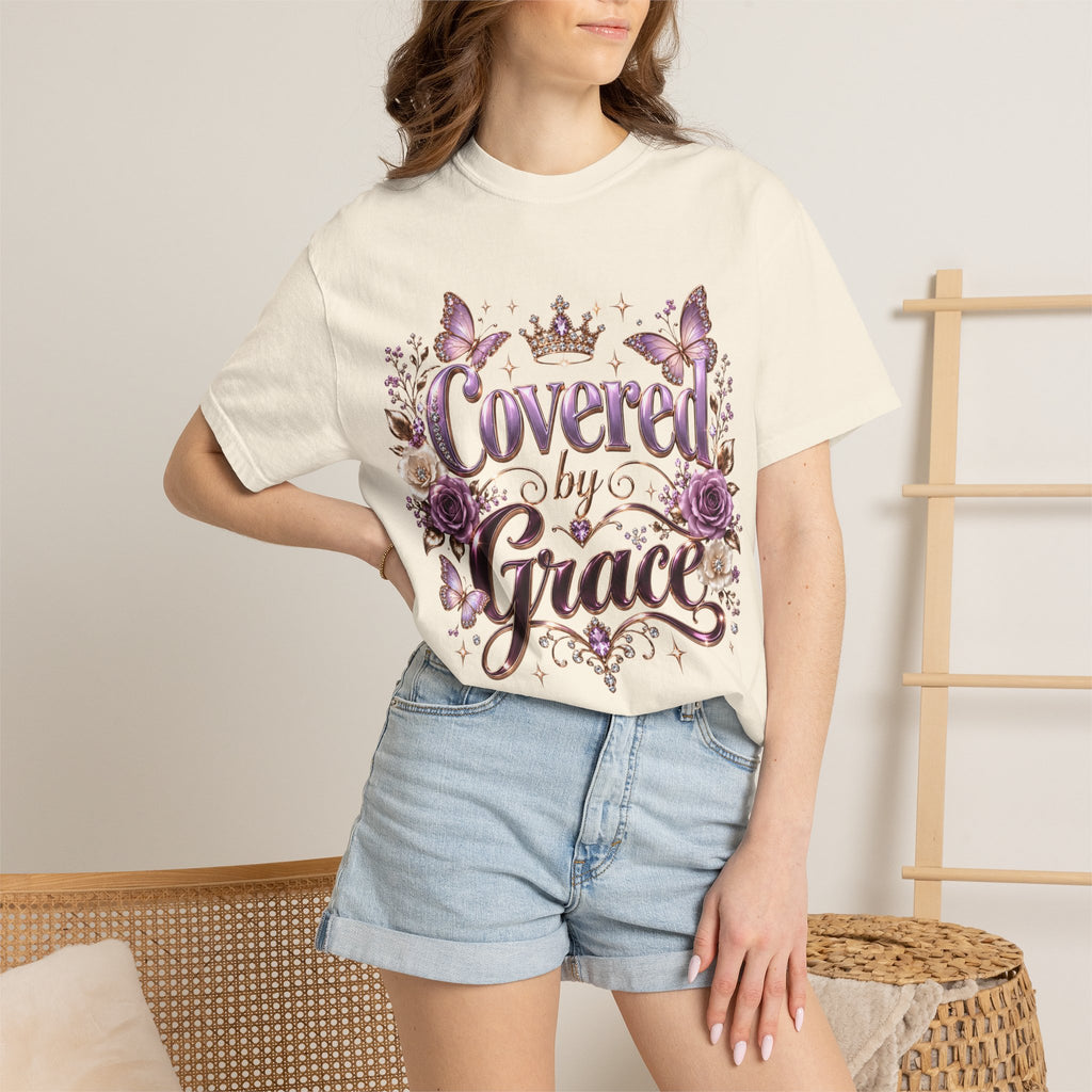 Covered by Grace T-Shirt — Floral Butterfly Christian Faith Tee