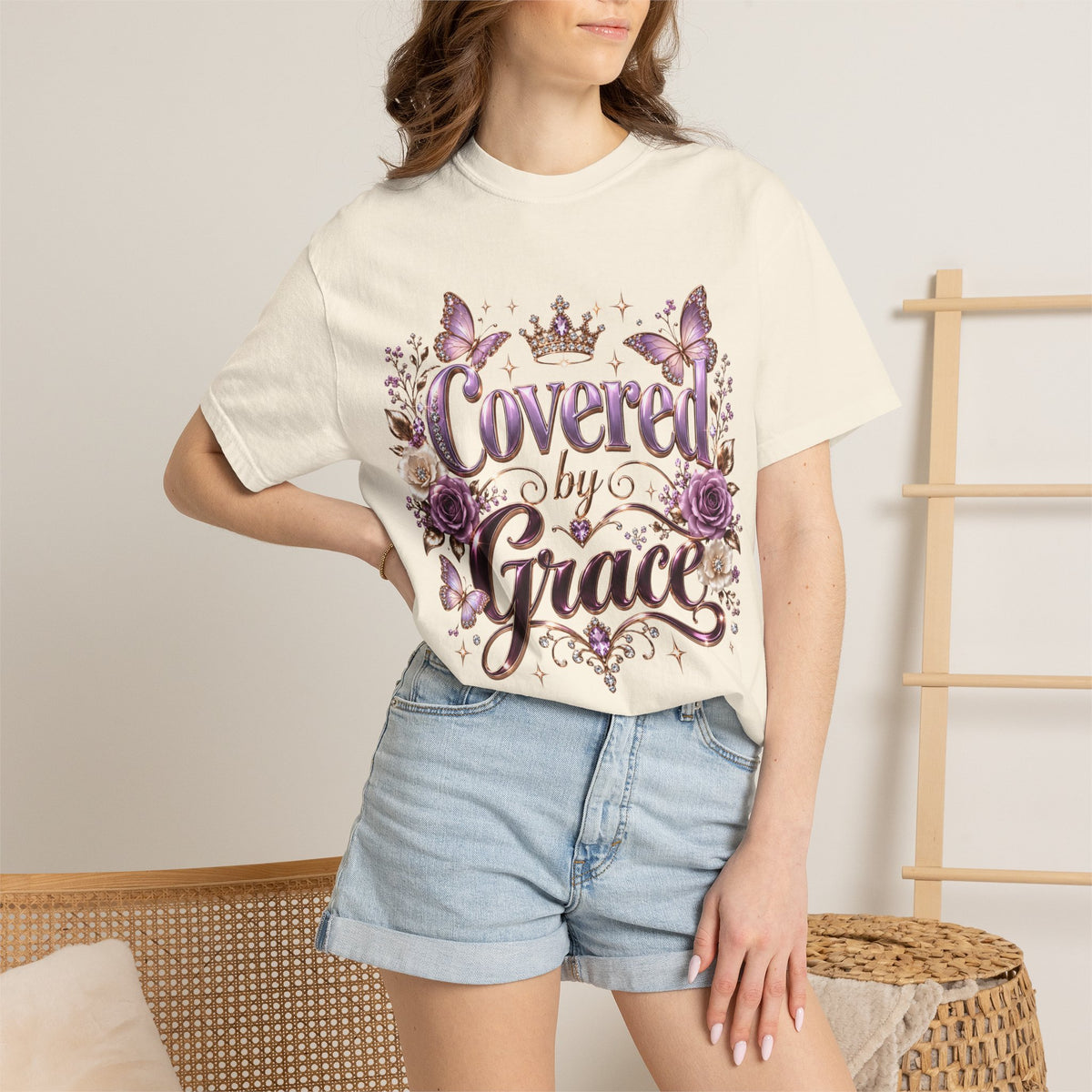 Covered by Grace T-Shirt — Floral Butterfly Christian Faith Tee