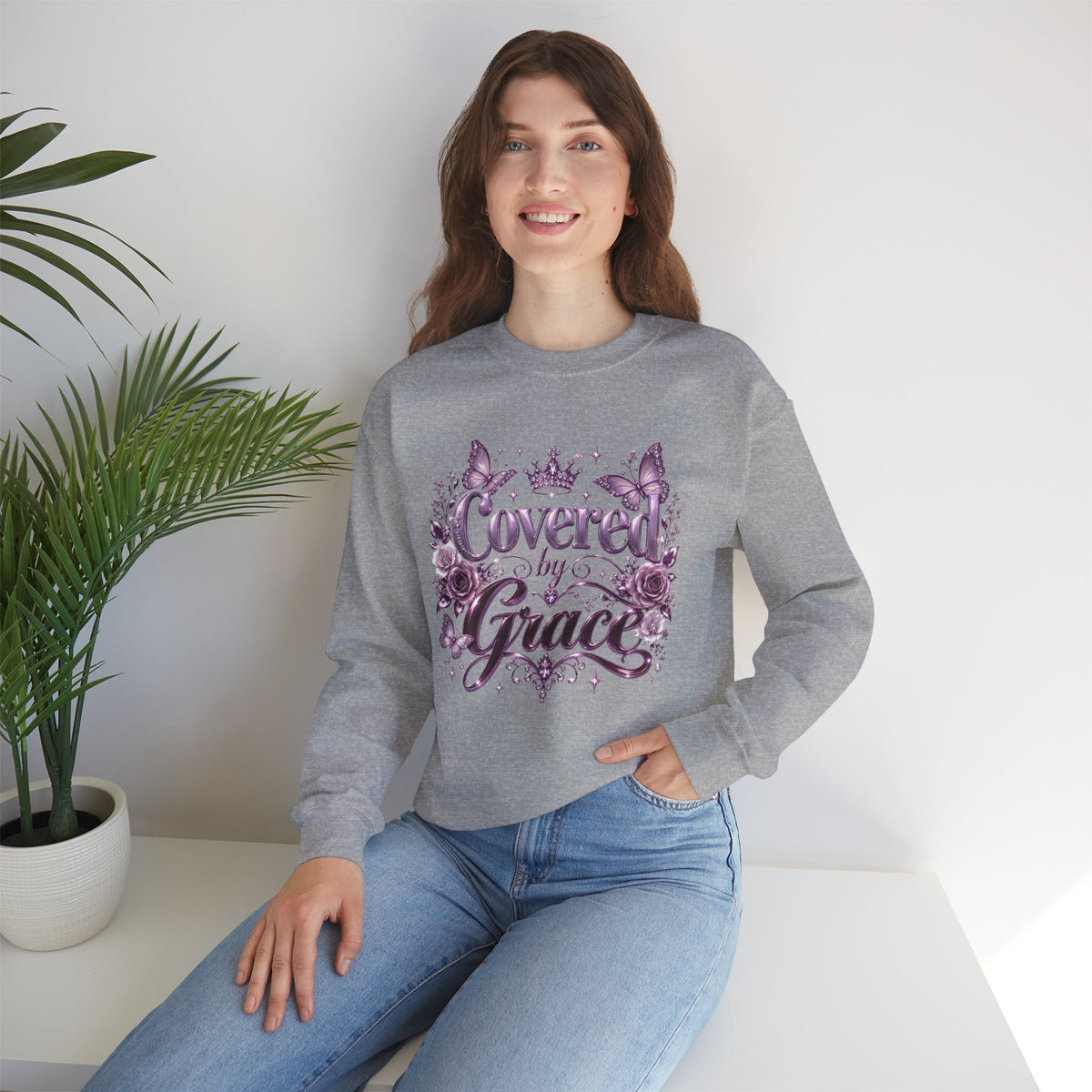 Crewneck Sweatshirt — "Covered by Grace" Floral Christian Pullover