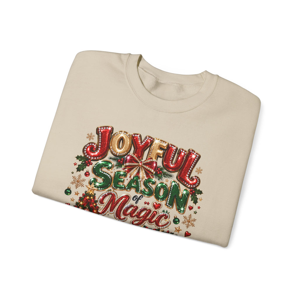 Joyful Season Magic Crewneck Sweatshirt — Christmas Tree & Fireplace Holiday Sweater