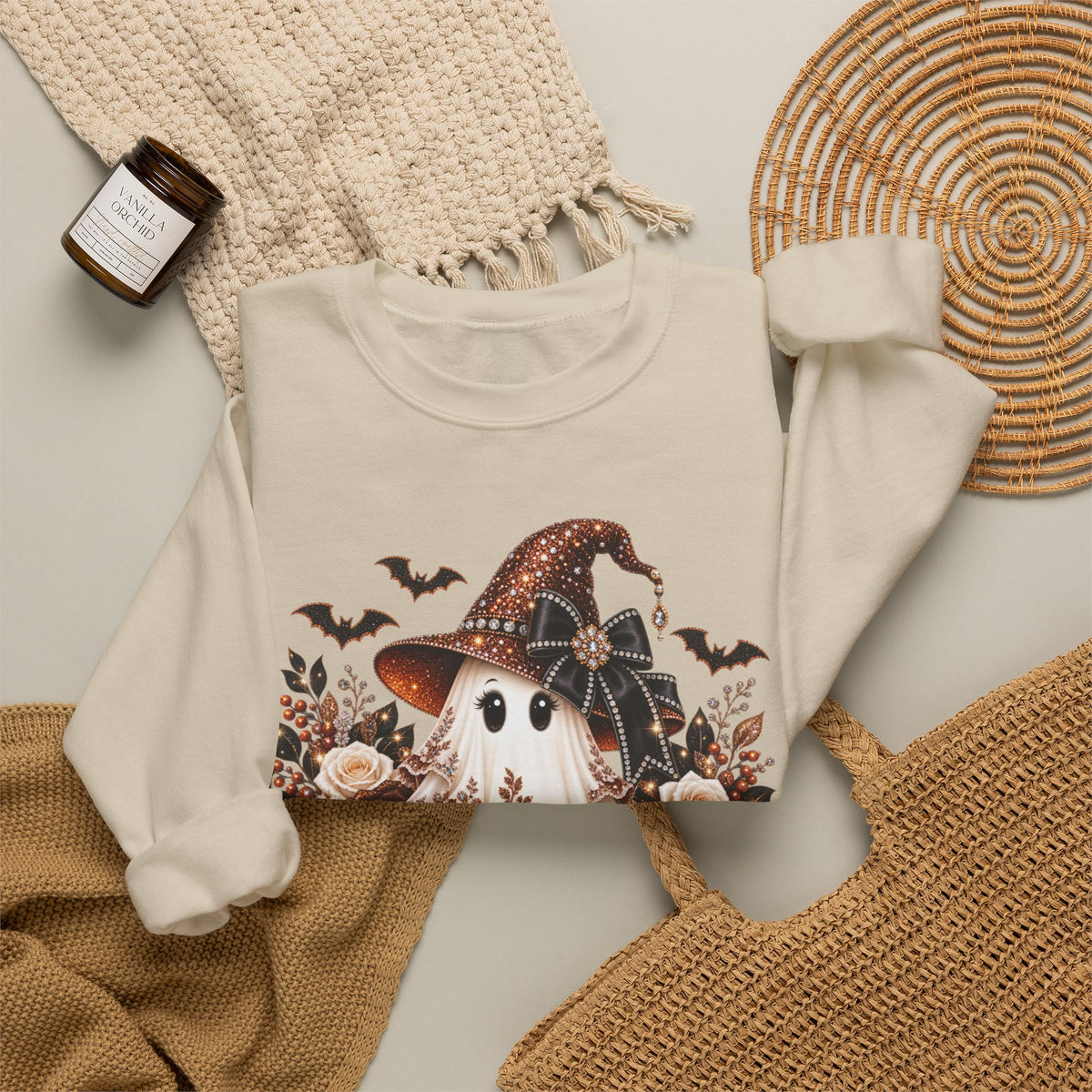 Ghost Witch Sweatshirt — Cute Halloween Pumpkin & Bat Crewneck