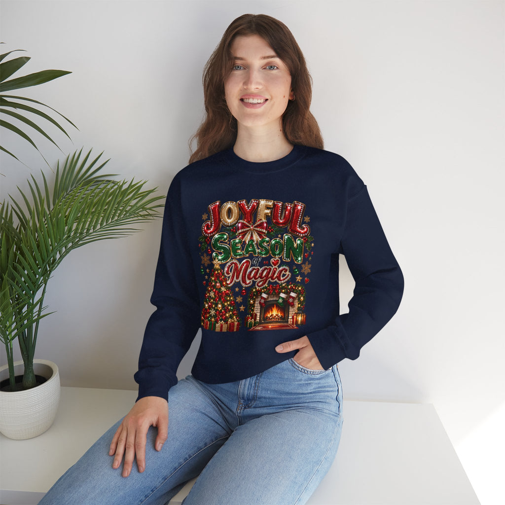 Joyful Season Magic Crewneck Sweatshirt — Christmas Tree & Fireplace Holiday Sweater