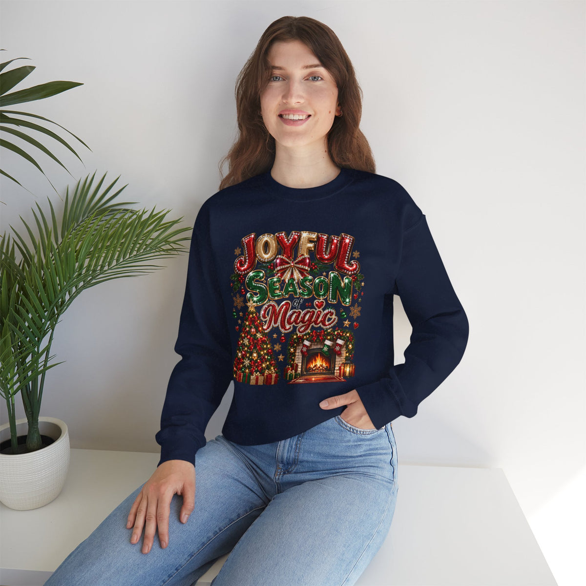 Joyful Season Magic Crewneck Sweatshirt — Christmas Tree & Fireplace Holiday Sweater