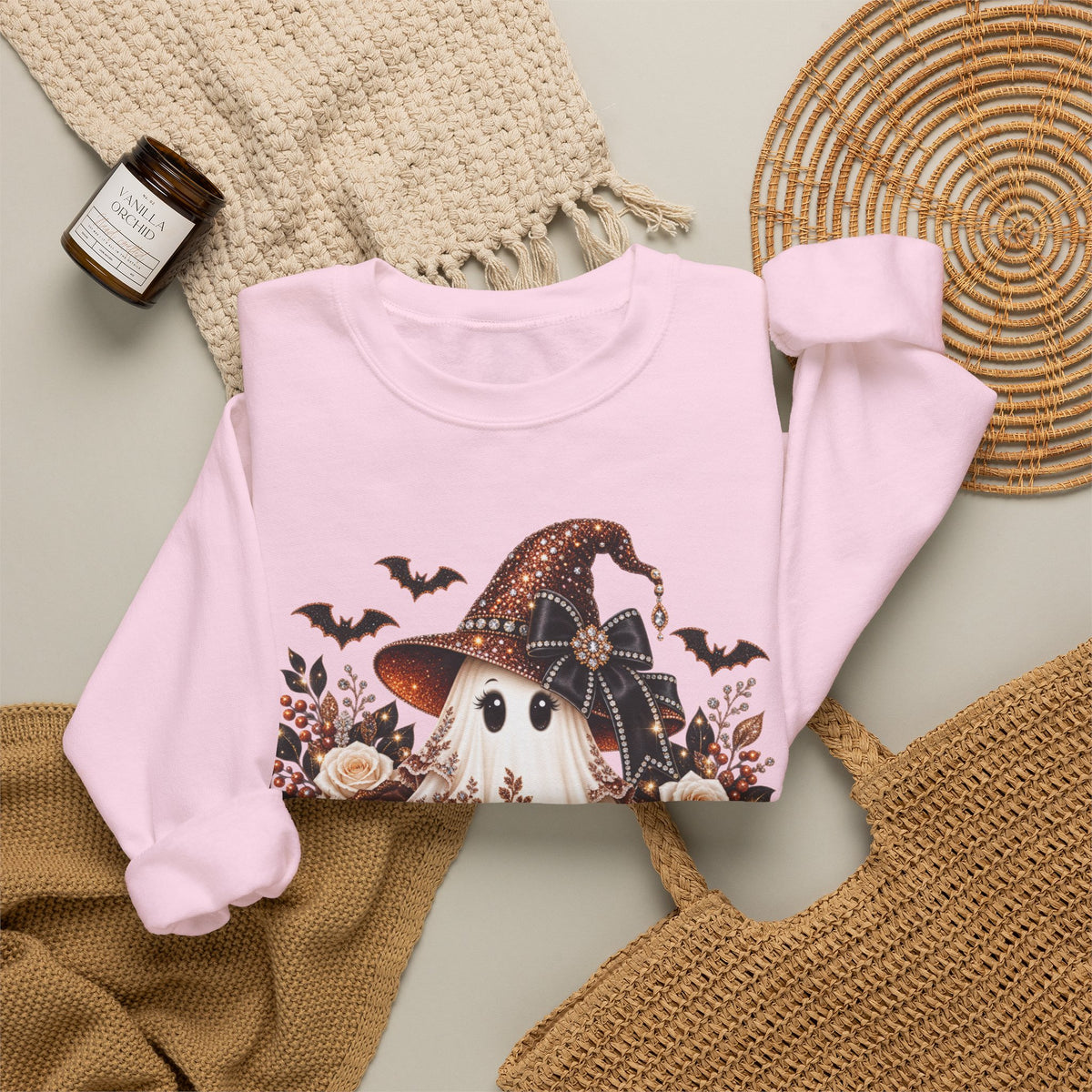 Ghost Witch Sweatshirt — Cute Halloween Pumpkin & Bat Crewneck