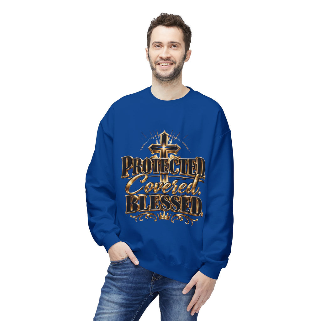 Blessed & Protected Crewneck Sweatshirt — "Protected, Covered, Blessed" Christian Pullover
