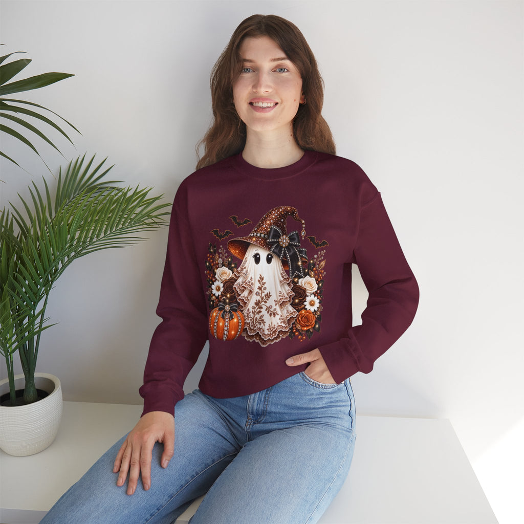 Ghost Witch Sweatshirt — Cute Halloween Pumpkin & Bat Crewneck
