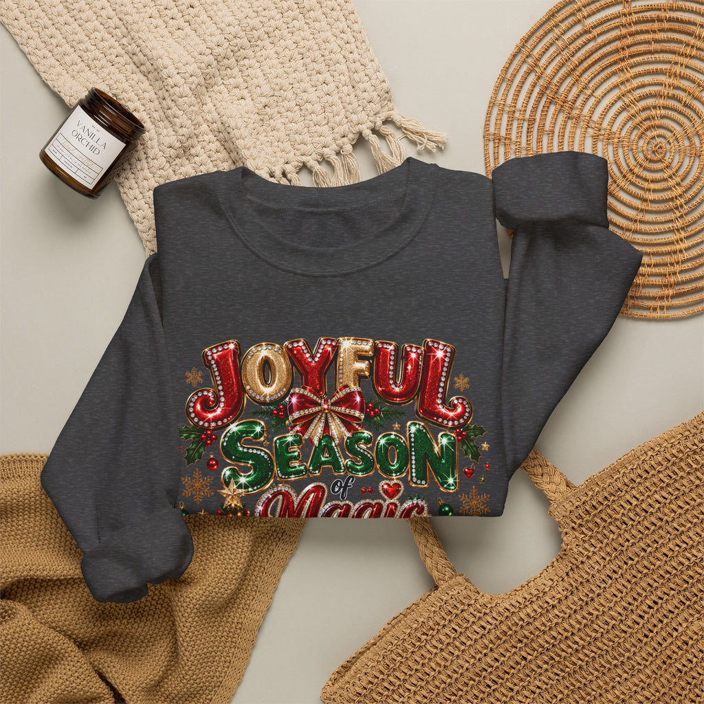 Joyful Season Magic Crewneck Sweatshirt — Christmas Tree & Fireplace Holiday Sweater