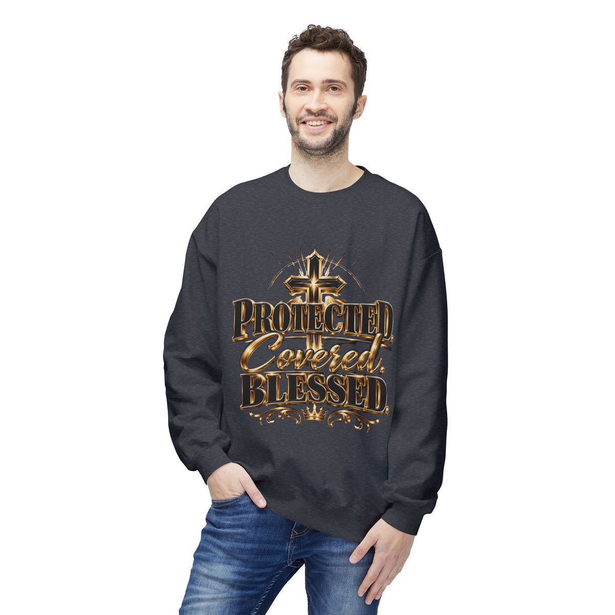 Blessed & Protected Crewneck Sweatshirt — "Protected, Covered, Blessed" Christian Pullover