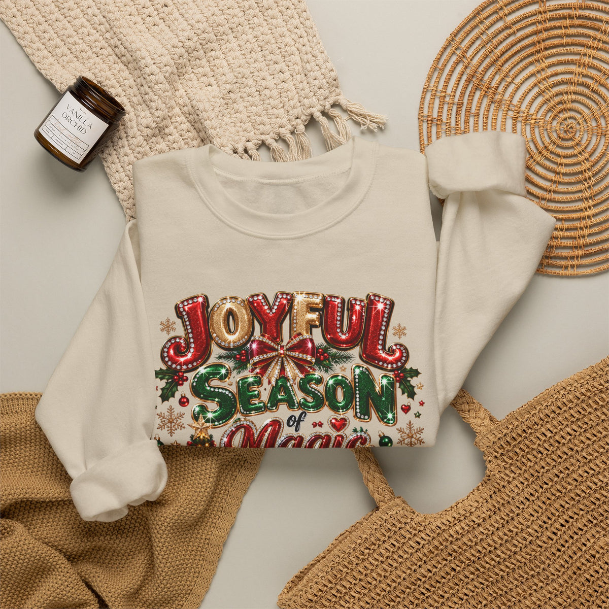 Joyful Season Magic Crewneck Sweatshirt — Christmas Tree & Fireplace Holiday Sweater