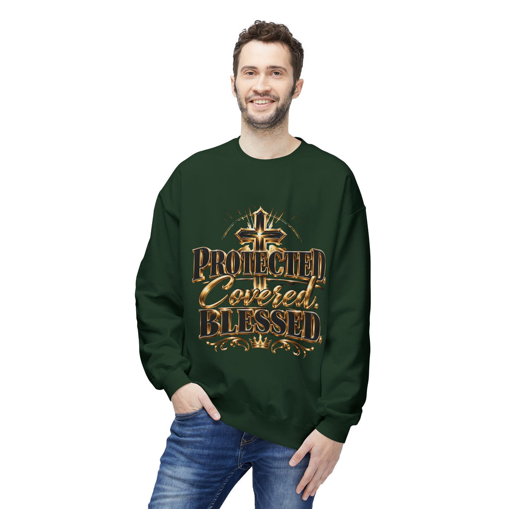Blessed & Protected Crewneck Sweatshirt — "Protected, Covered, Blessed" Christian Pullover