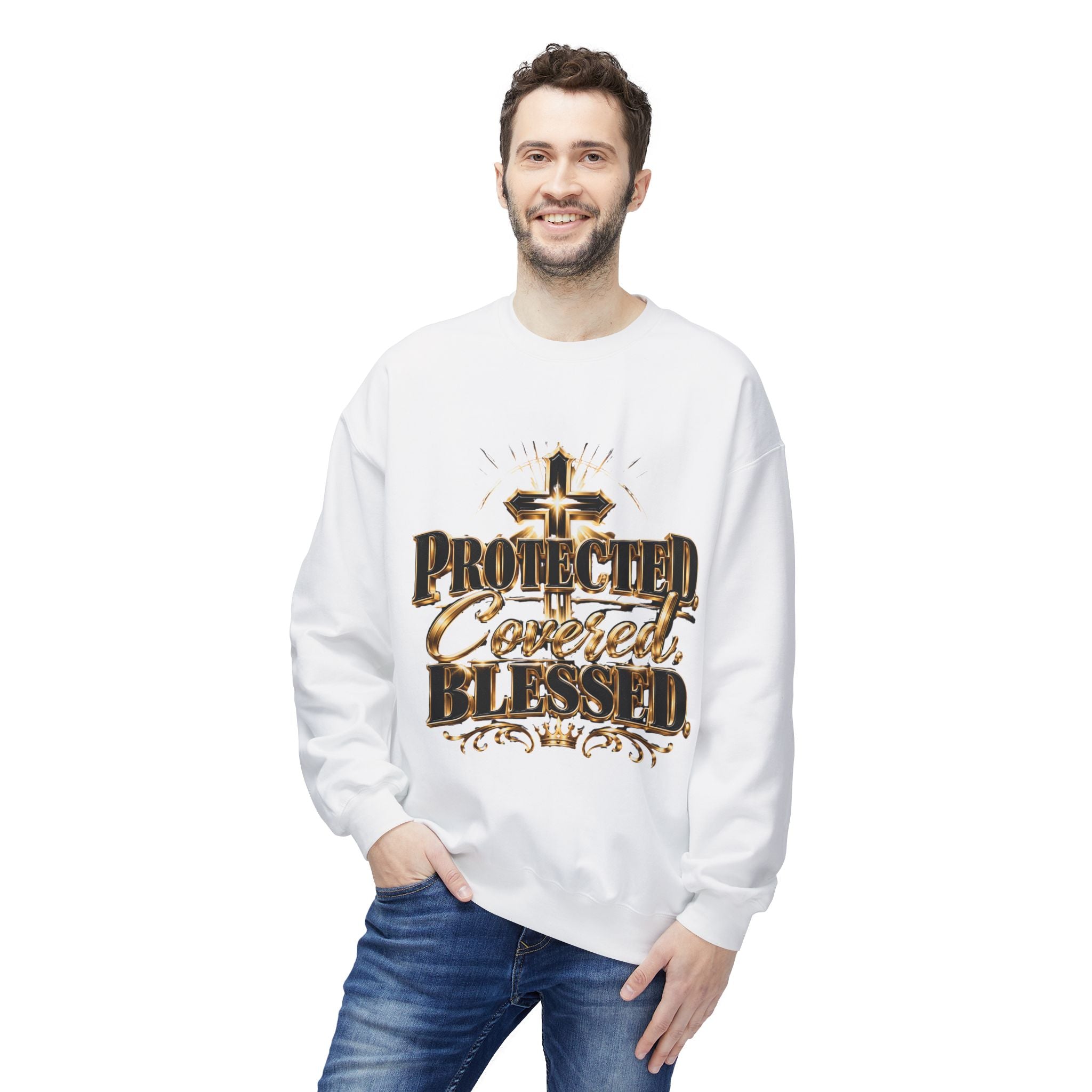 Blessed & Protected Crewneck Sweatshirt — "Protected, Covered, Blessed" Christian Pullover