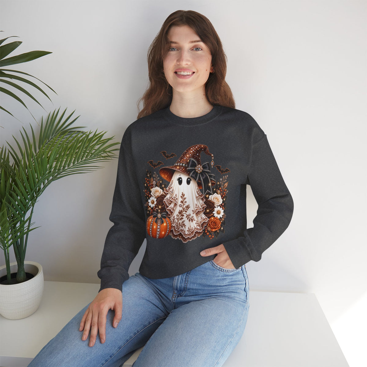 Ghost Witch Sweatshirt — Cute Halloween Pumpkin & Bat Crewneck