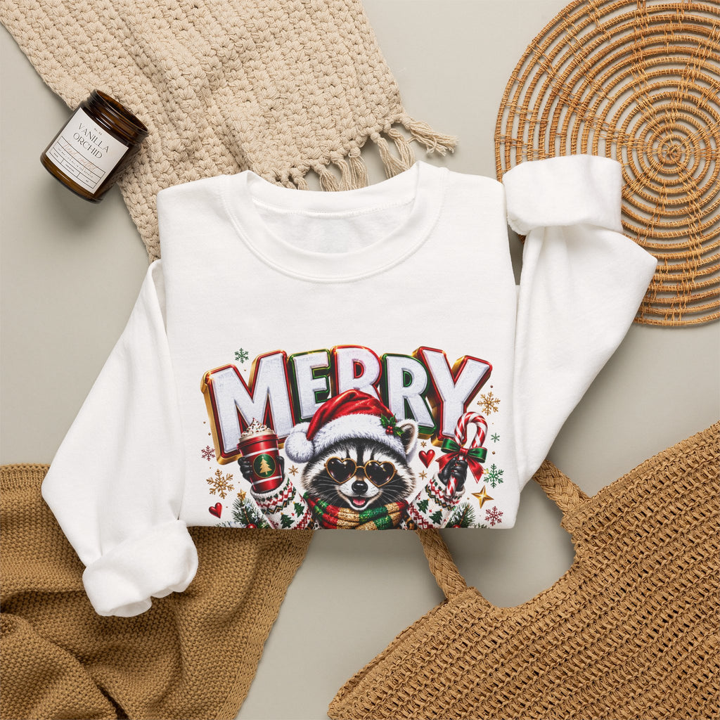 Christmas Raccoon Sweatshirt - "Merry Christmas" Holiday Crewneck