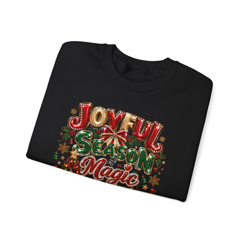Joyful Season Magic Crewneck Sweatshirt — Christmas Tree & Fireplace Holiday Sweater