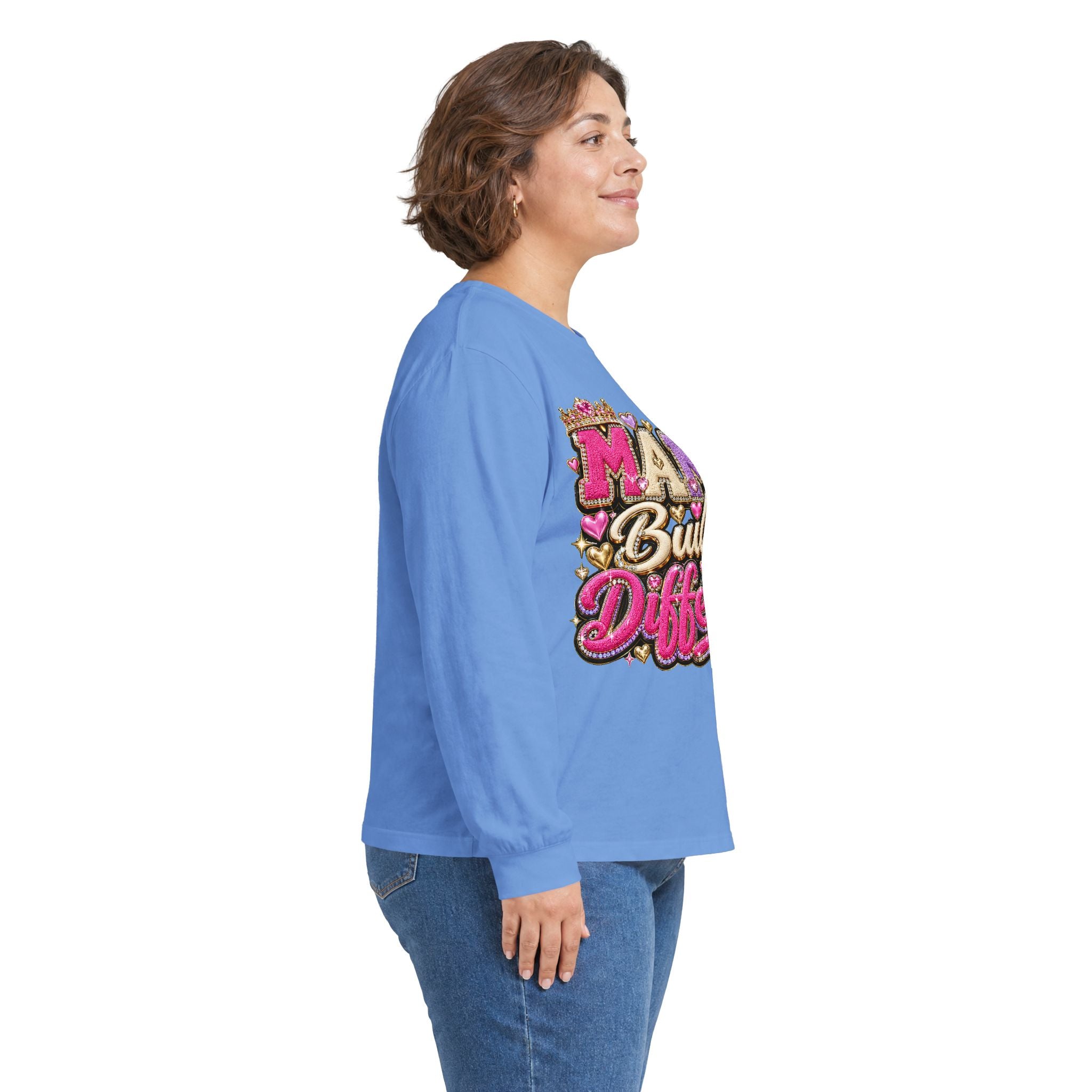 Mama Built Different Long Sleeve Tee — Pink Crowned Mom Graphic Shirt