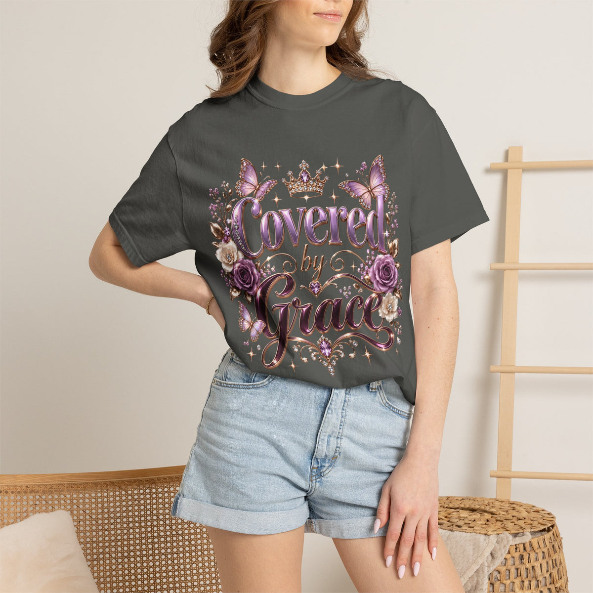 Covered by Grace T-Shirt — Floral Butterfly Christian Faith Tee