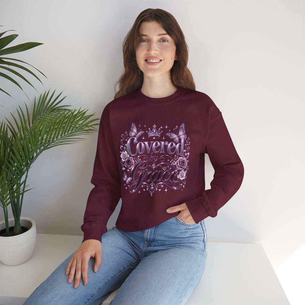 Crewneck Sweatshirt — "Covered by Grace" Floral Christian Pullover
