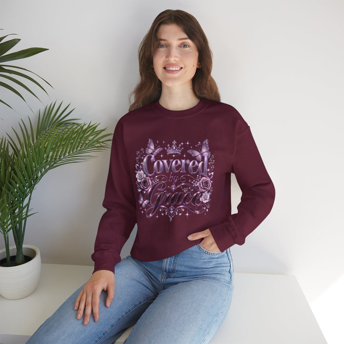 Crewneck Sweatshirt — "Covered by Grace" Floral Christian Pullover