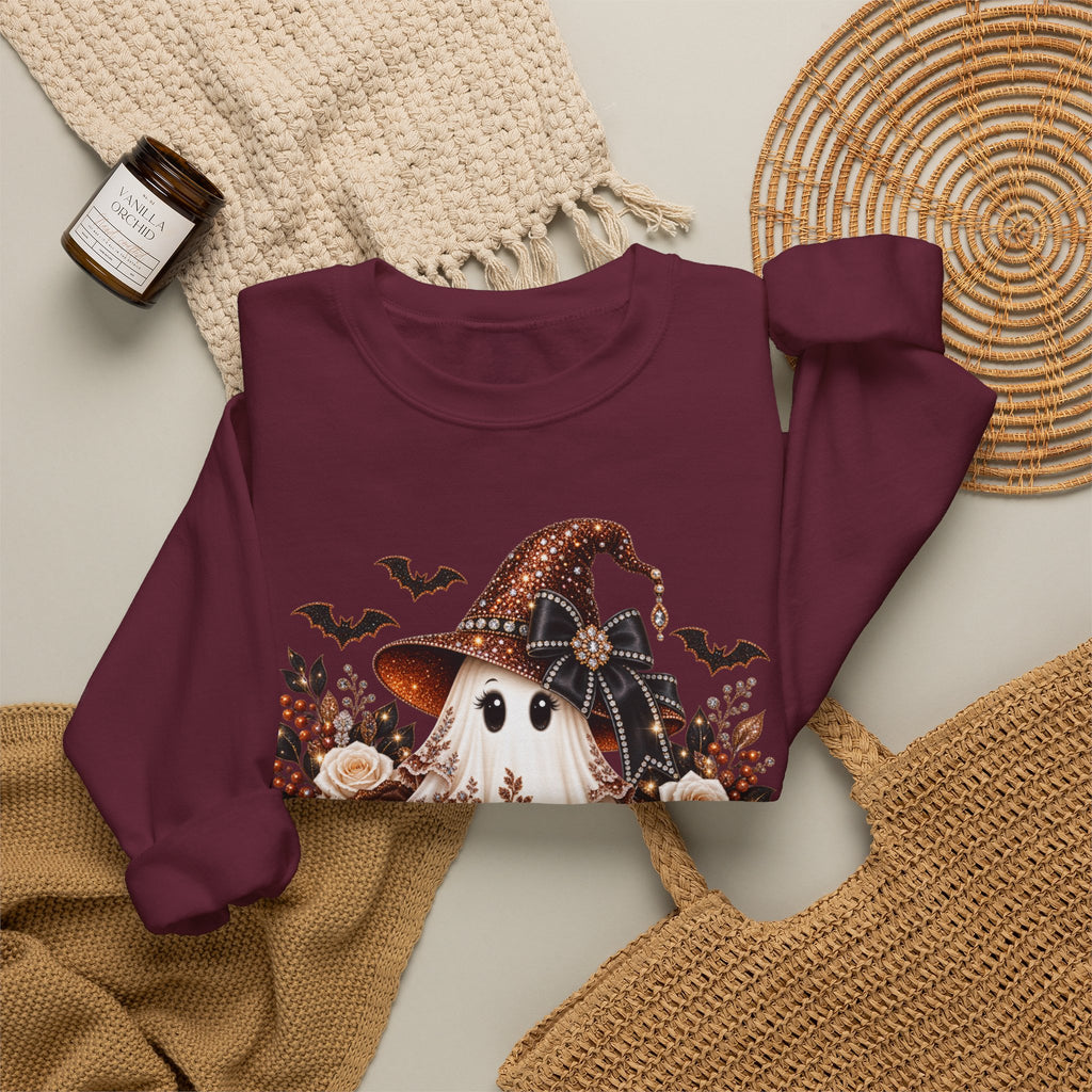 Ghost Witch Sweatshirt — Cute Halloween Pumpkin & Bat Crewneck
