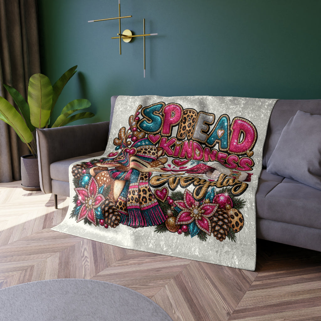 Crushed Velvet Blanket - 'Spread Kindness Everyday' Cozy Holiday Reindeer Throw
