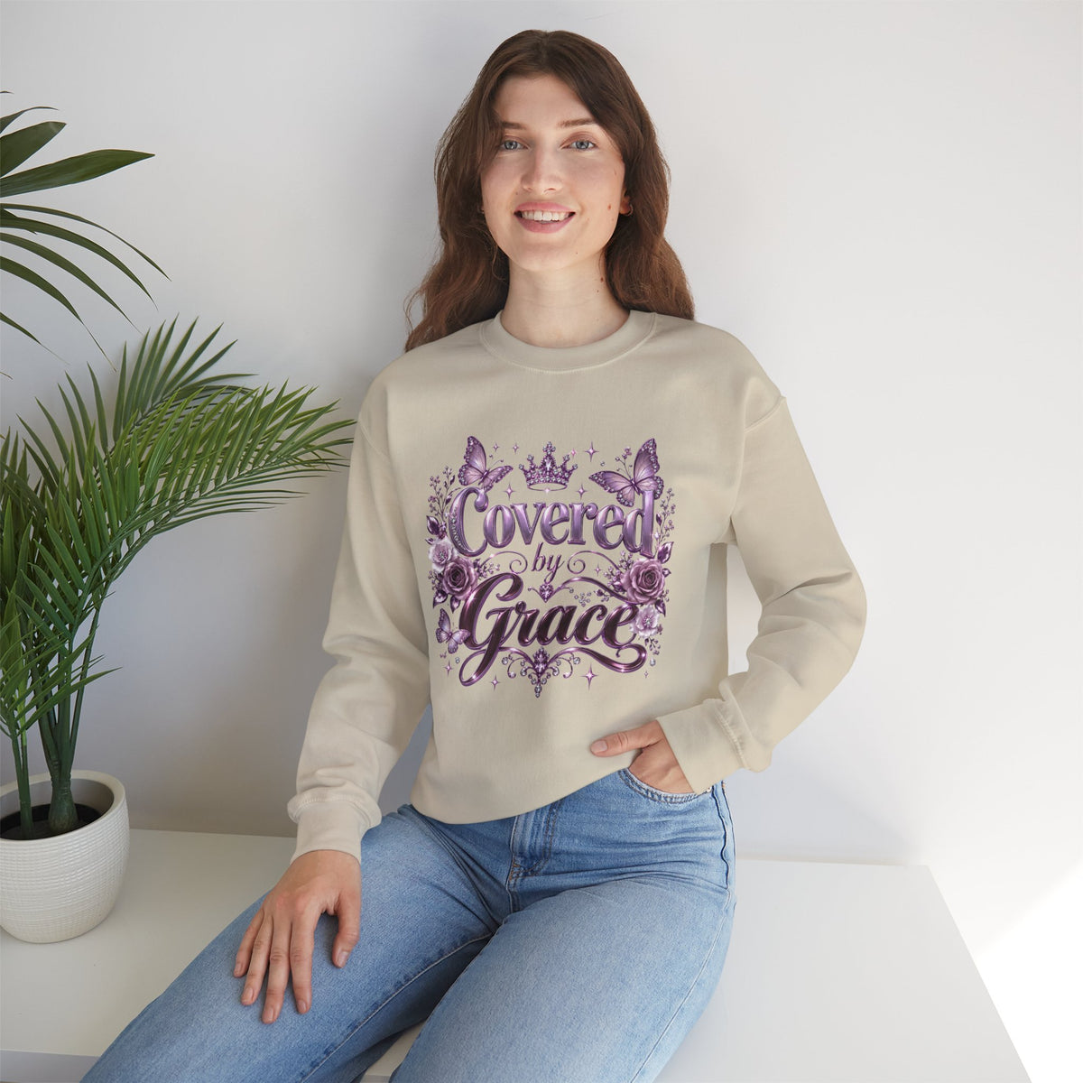 Crewneck Sweatshirt — "Covered by Grace" Floral Christian Pullover