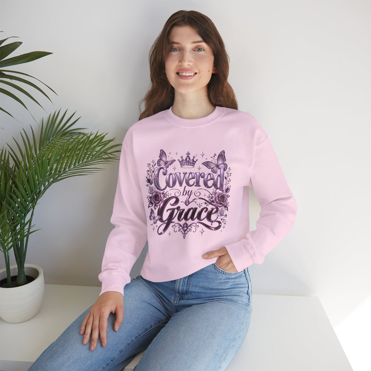 Crewneck Sweatshirt — "Covered by Grace" Floral Christian Pullover