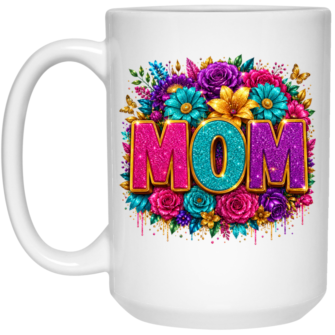 A white ceramic mug featuring a vibrant graphic design with the word 'MOM' in glittery pink and teal letters, surrounded by a colorful floral arrangement of pink, purple, blue, and yellow flowers.