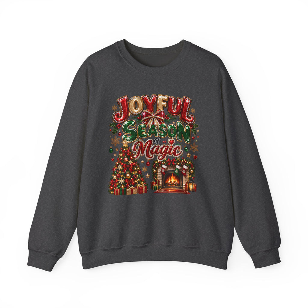 Joyful Season Magic Crewneck Sweatshirt — Christmas Tree & Fireplace Holiday Sweater