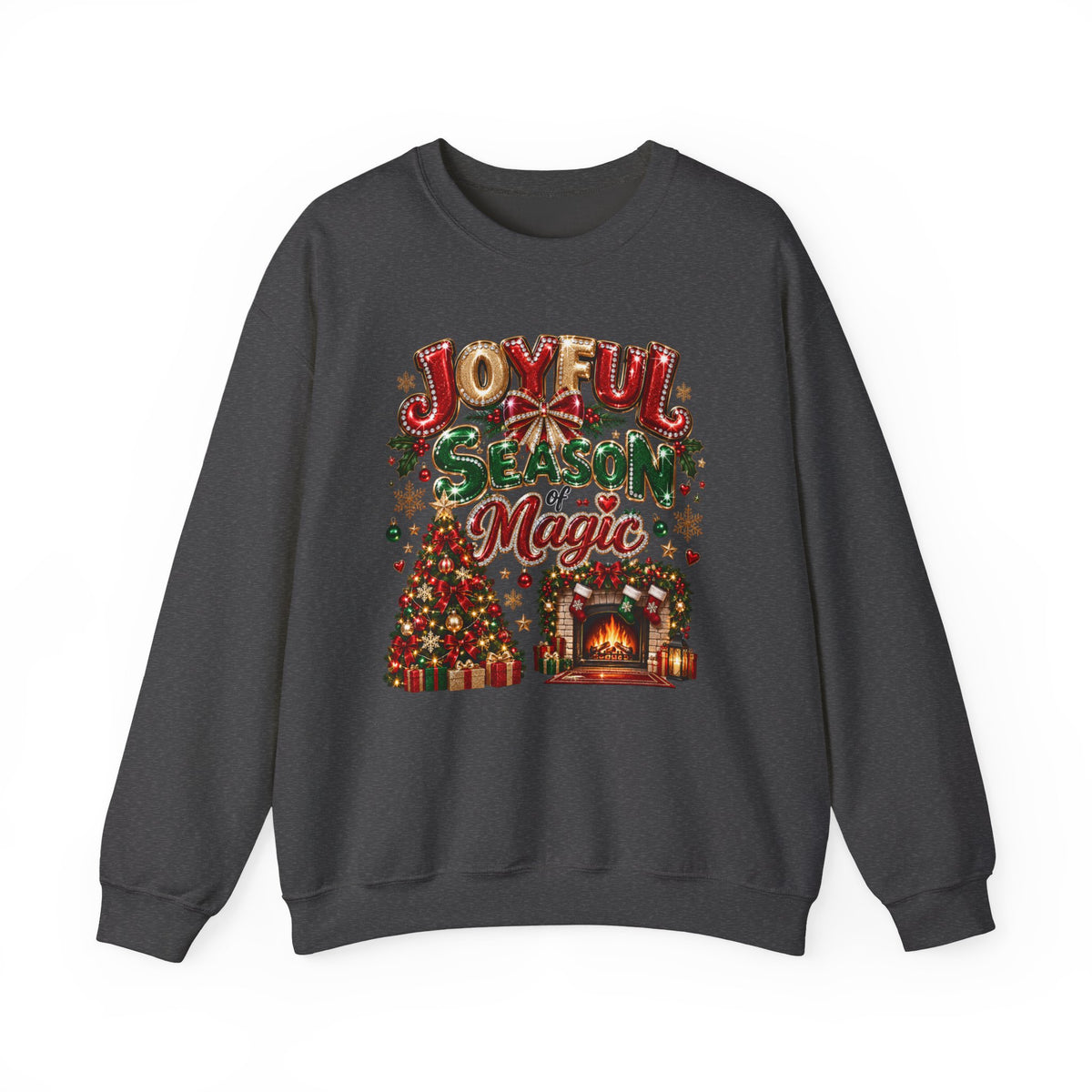 Joyful Season Magic Crewneck Sweatshirt — Christmas Tree & Fireplace Holiday Sweater