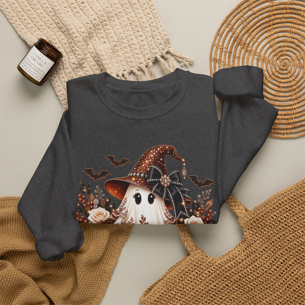 Ghost Witch Sweatshirt — Cute Halloween Pumpkin & Bat Crewneck