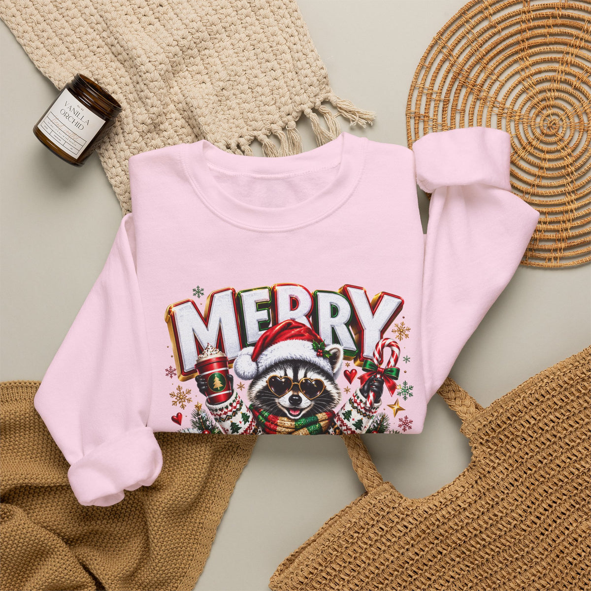 Christmas Raccoon Sweatshirt - "Merry Christmas" Holiday Crewneck