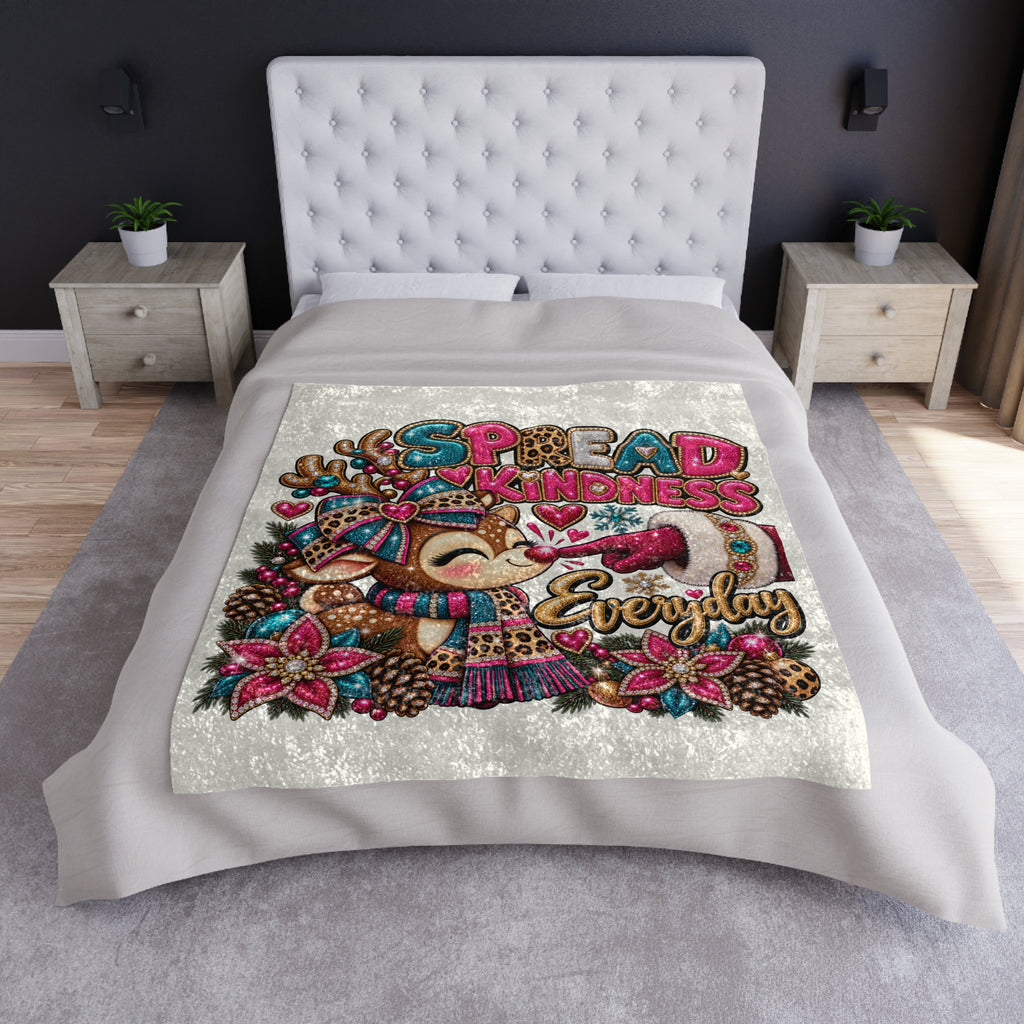 Crushed Velvet Blanket - 'Spread Kindness Everyday' Cozy Holiday Reindeer Throw