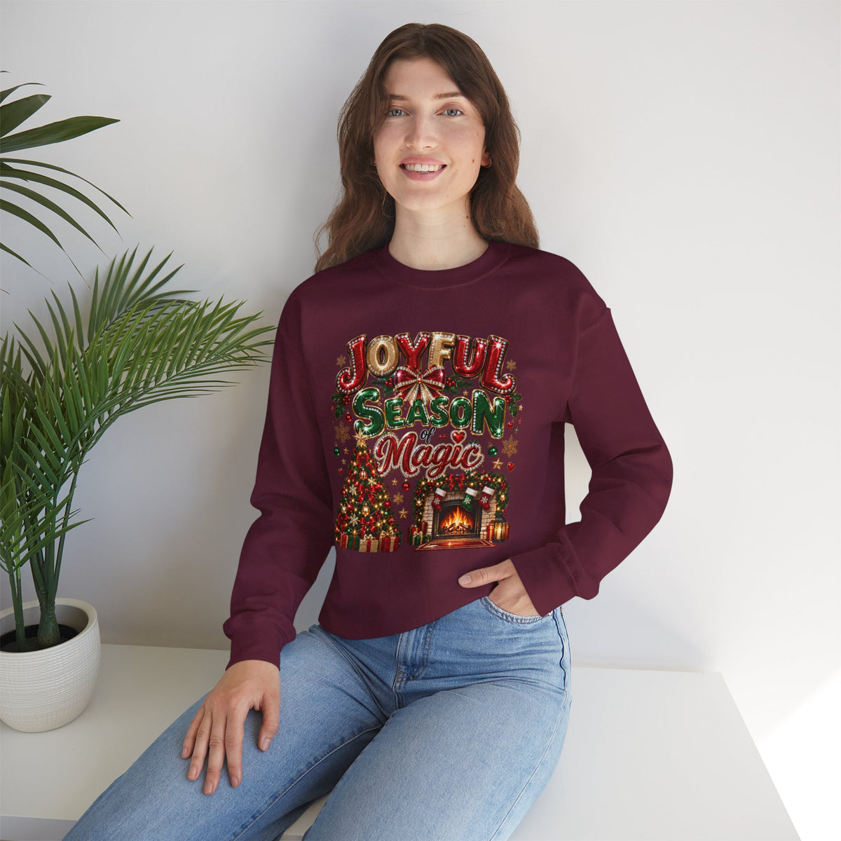 Joyful Season Magic Crewneck Sweatshirt — Christmas Tree & Fireplace Holiday Sweater