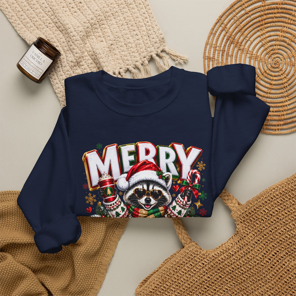 Christmas Raccoon Sweatshirt - "Merry Christmas" Holiday Crewneck