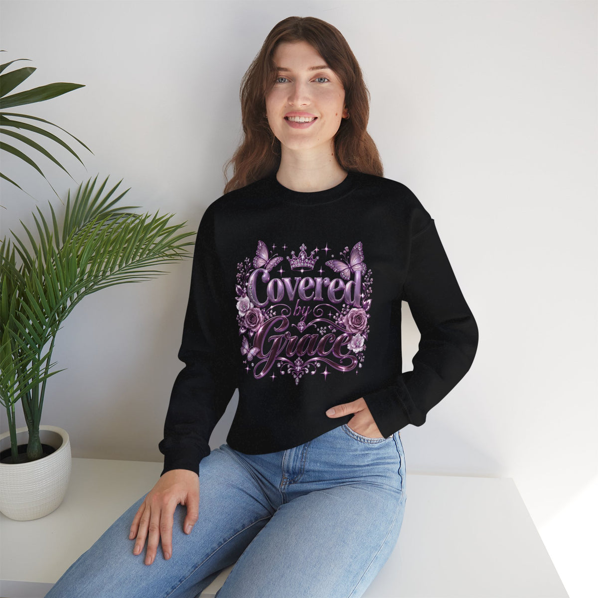 Crewneck Sweatshirt — "Covered by Grace" Floral Christian Pullover