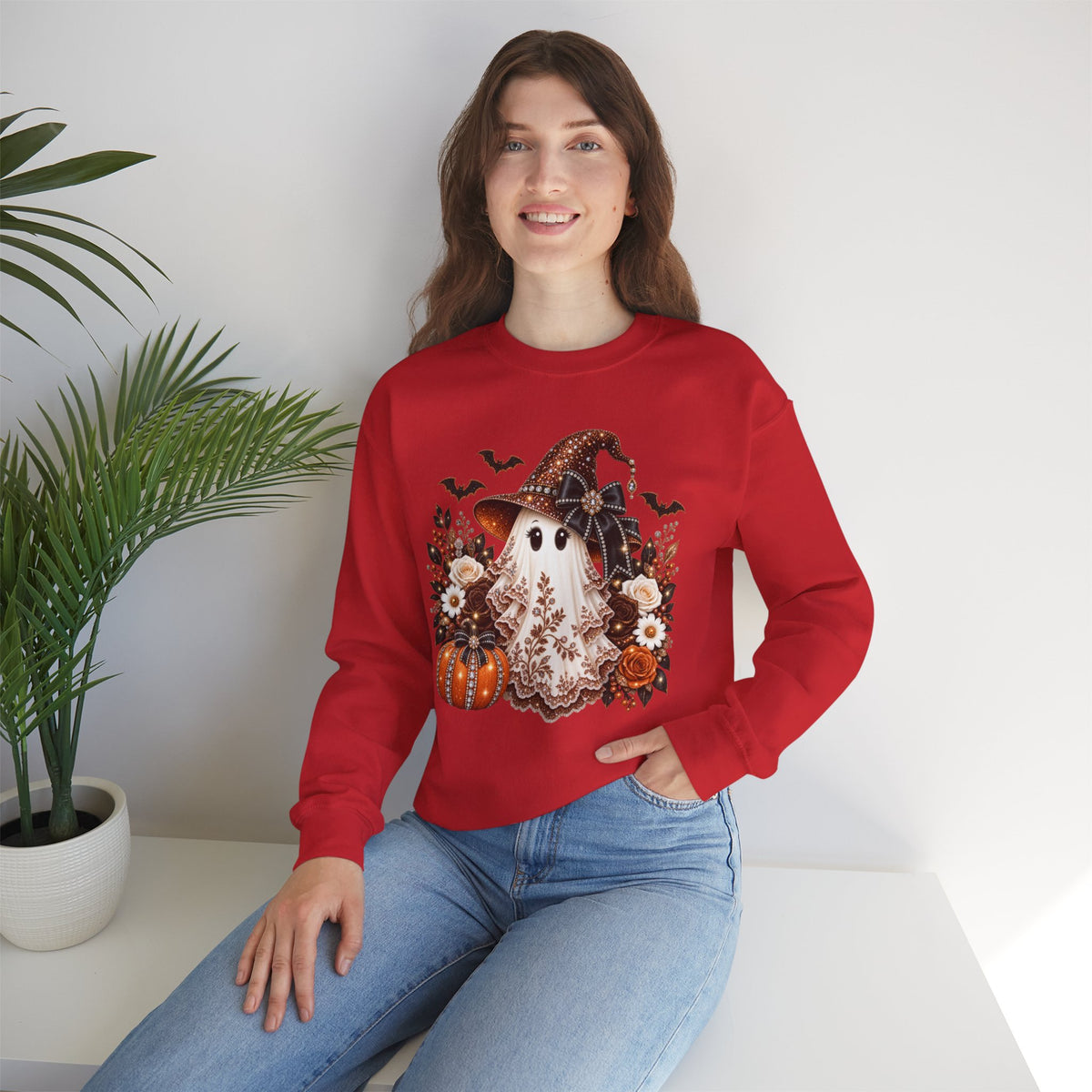 Ghost Witch Sweatshirt — Cute Halloween Pumpkin & Bat Crewneck