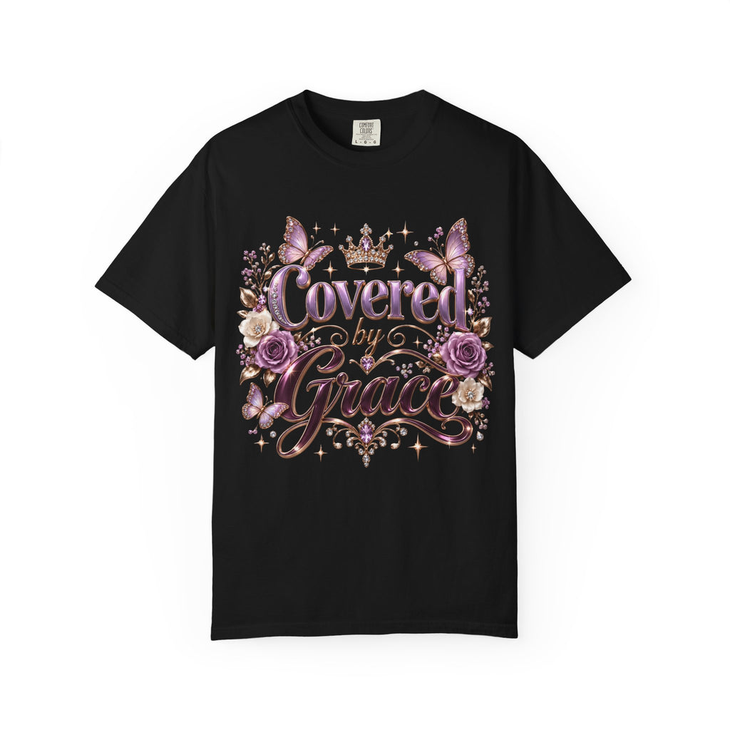 Covered by Grace T-Shirt — Floral Butterfly Christian Faith Tee