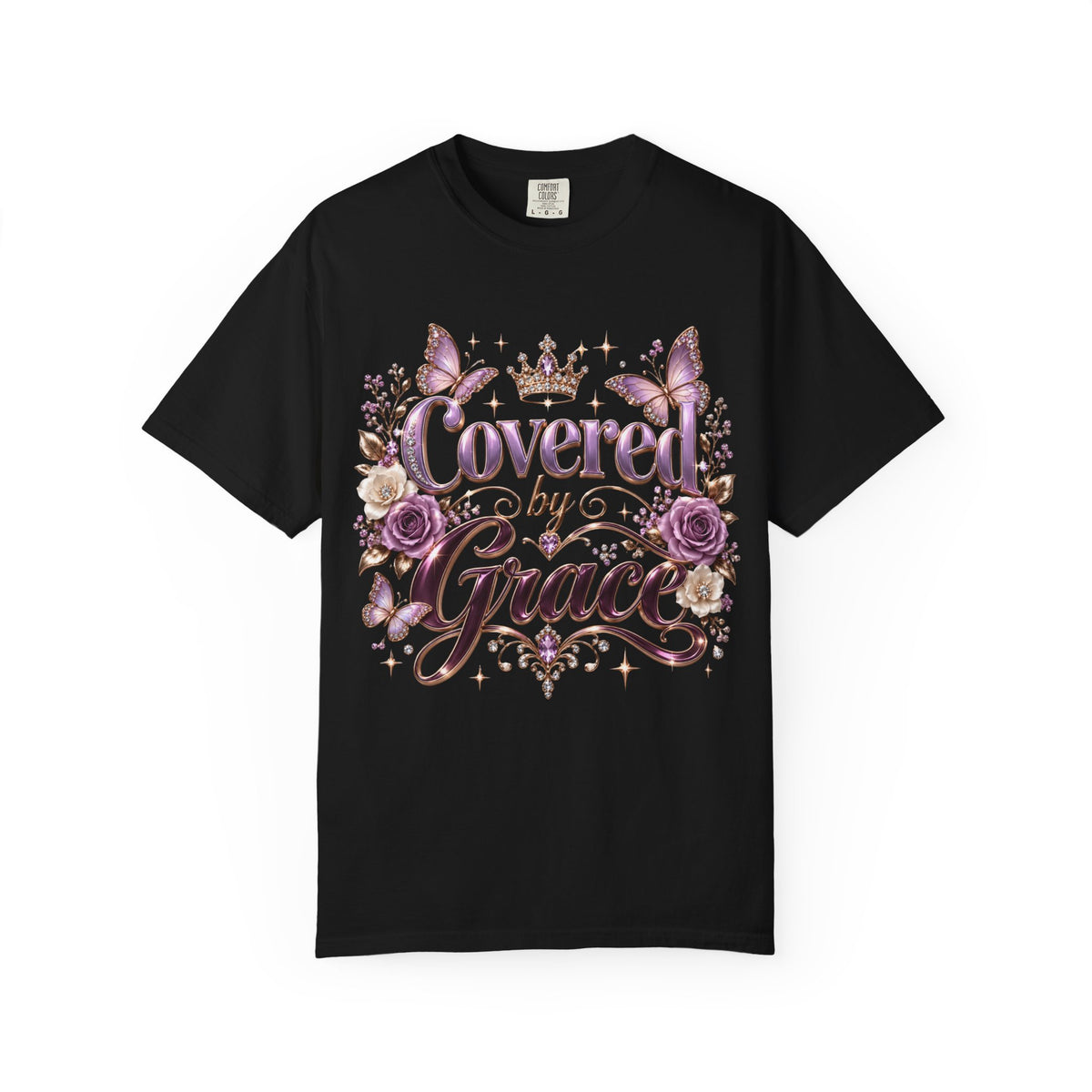 Covered by Grace T-Shirt — Floral Butterfly Christian Faith Tee