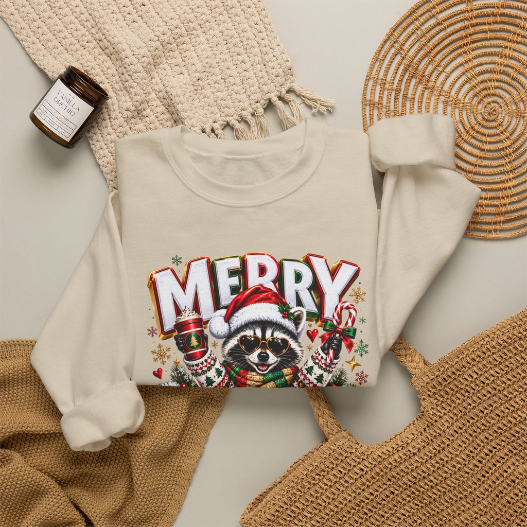 Christmas Raccoon Sweatshirt - "Merry Christmas" Holiday Crewneck