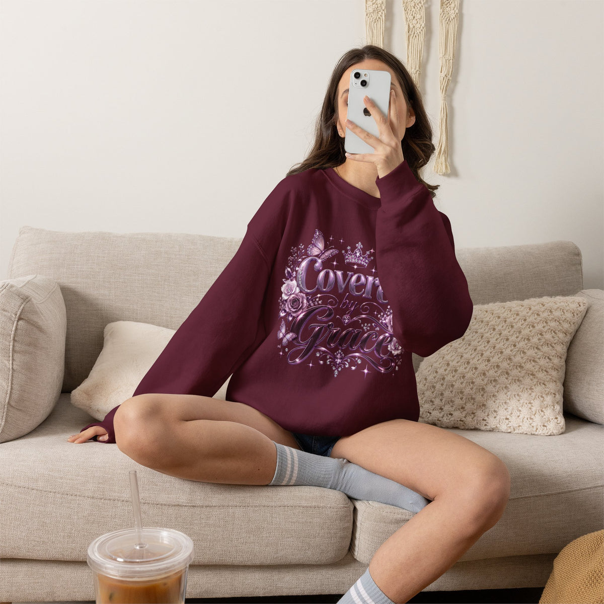 Crewneck Sweatshirt — "Covered by Grace" Floral Christian Pullover