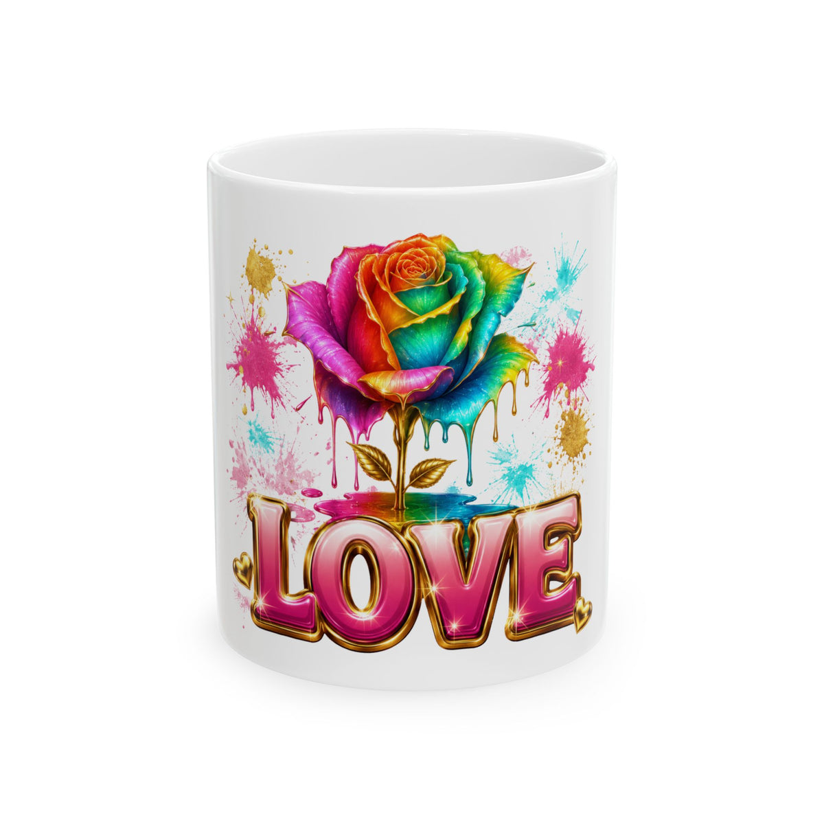 LOVE Rainbow Rose Ceramic Mug — Colorful Floral Coffee Cup (11oz, 15oz)