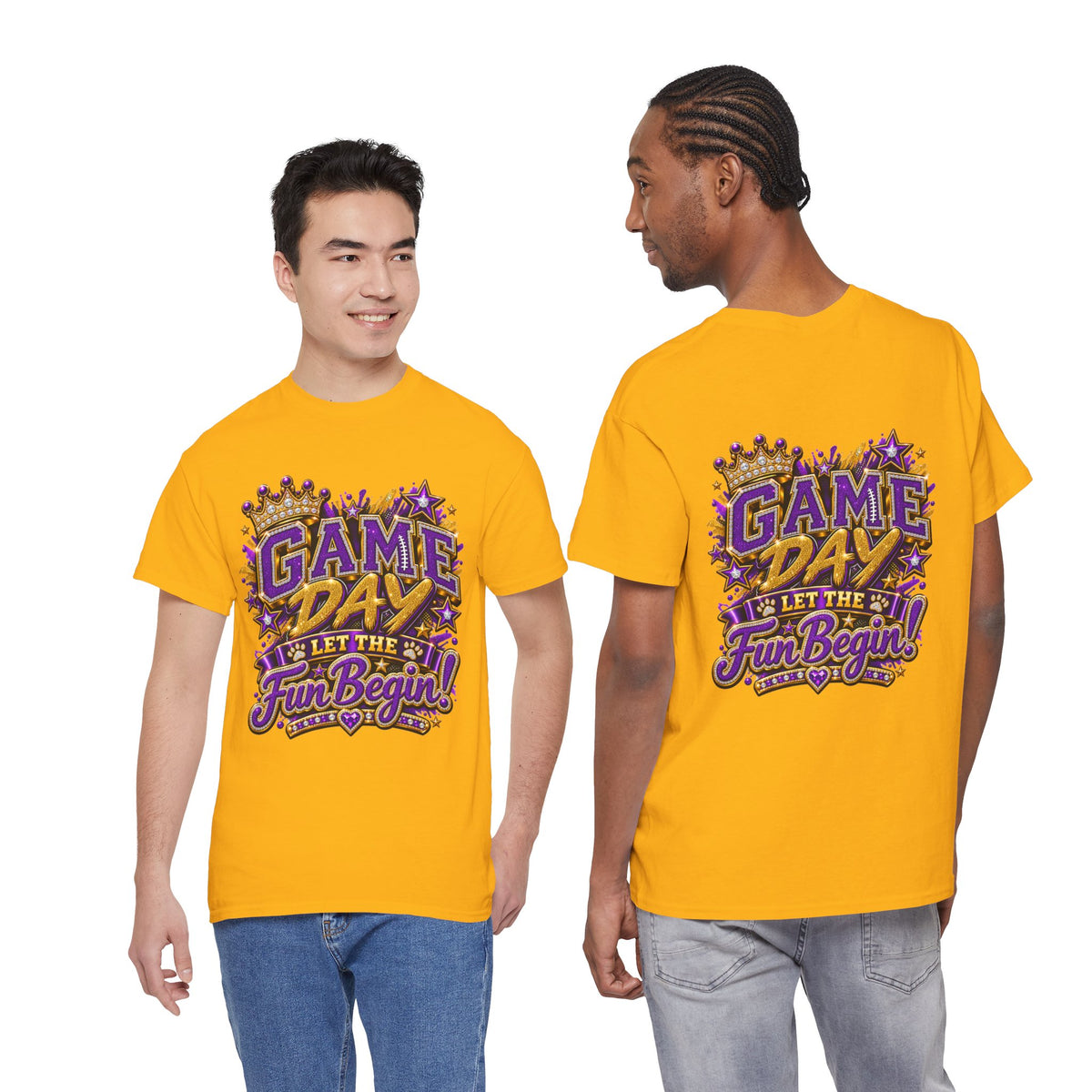 Game Day T-Shirt — "Let the Fun Begin!" Purple & Gold Sports Tee