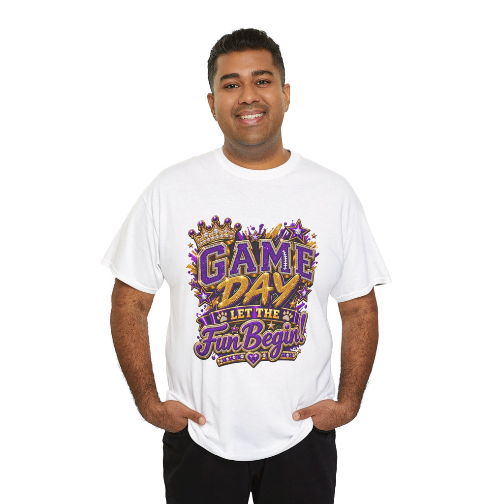 Game Day T-Shirt — "Let the Fun Begin!" Purple & Gold Sports Tee