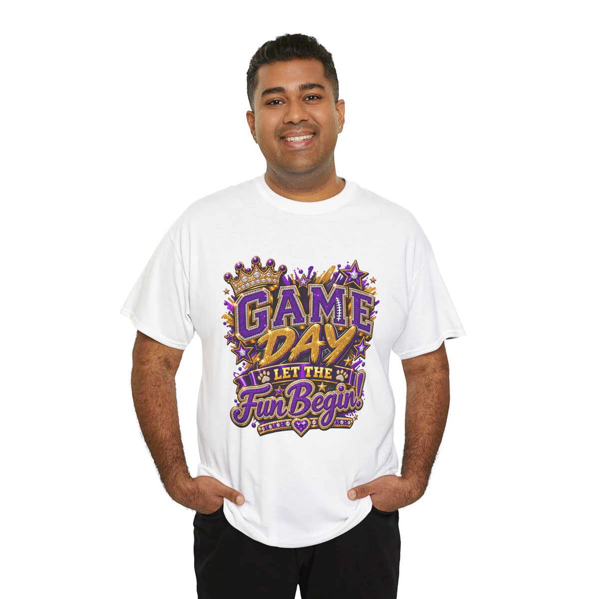 Game Day T-Shirt — "Let the Fun Begin!" Purple & Gold Sports Tee